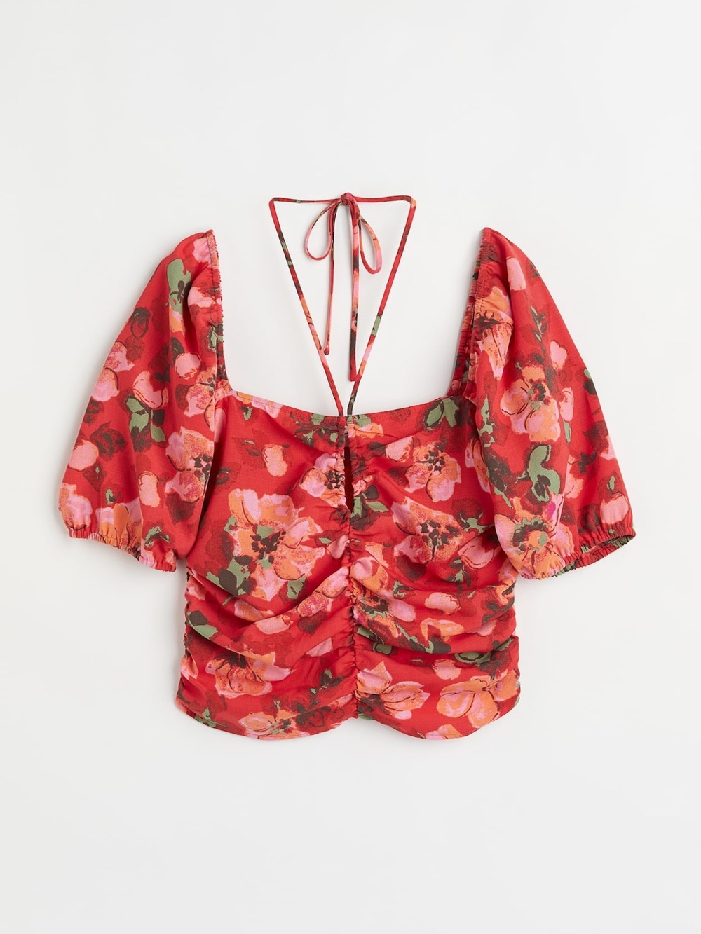 H&M Red Floral Ruched Square Neck Puff Sleeve Chiffon Crop Top XL